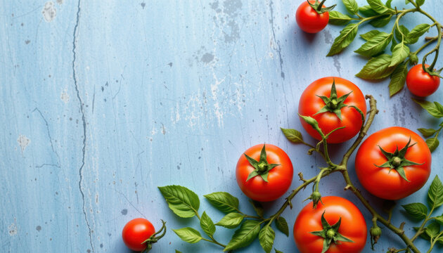 Fresh organic tomatoes are beautifully arranged on rustic blue background, showcasing their vibrant red color and lush green leaves. scene evokes sense of natural freshness and health