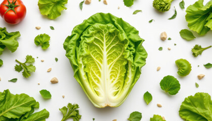 Obraz premium Fresh lettuce head surrounded by vibrant greens, herbs, and tomatoes creates lively and healthy composition. This arrangement showcases beauty of organic produce, perfect for salads and culinary