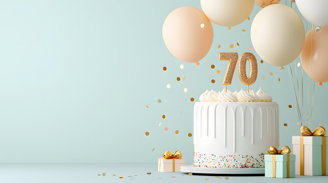 Festive 70th Birthday Cake with Balloons and Gifts on light blue background