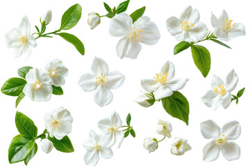 Fototapeta premium Collection of jasmine flowers Philadelphus cor x showcasing delicate petals and lush green leaves in a natural arrangement while emphasizing variety and beauty