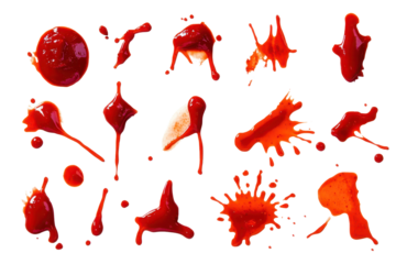 Collection of ketchup stains captured in various shapes and sizes showcasing vibrant red colors on a white backdrop
