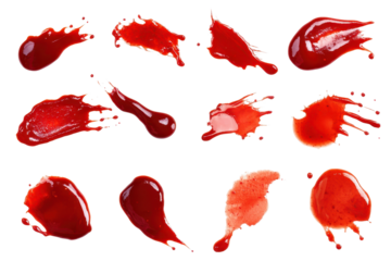 Creative exploration of dynamic ketchup stains showcasing the variety of shapes and textures in vivid red tones on a white surface