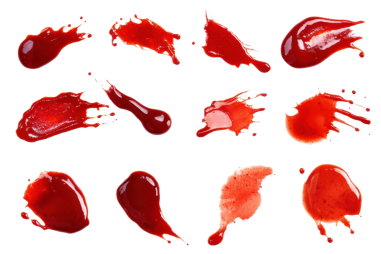 Creative exploration of dynamic ketchup stains showcasing the variety of shapes and textures in vivid red tones on a white surface