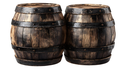 Obraz premium Two detailed wooden wine barrels with distinct dark wood grain texture and vintage rustic appearance on isolated on white transparent background PNG cutout