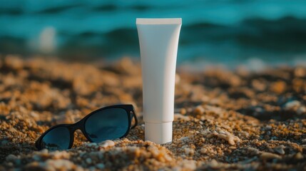 Sunscreen and sunglasses on beach sand