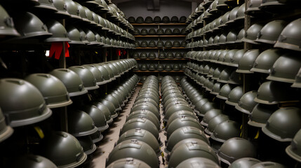 Military helmets storage facility showcasing organized rows of various helmets, emphasizing military readiness and equipment management