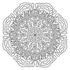Hand-drawn mandala pattern for coloring book and meditation design, black and white vector line art.