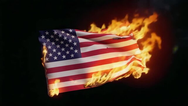 American Flag Burning in Flames on Black Background
