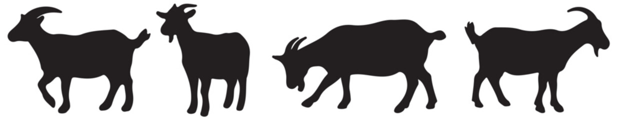Silhouette Goat Herd: Four goat silhouettes stand and graze, creating a simple yet striking image. The graphic style provides versatility for various design projects.