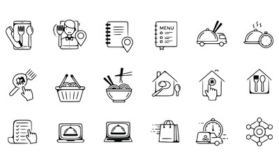 Food Delivery Icons: A comprehensive set of minimalist food delivery icons, perfect for app design, website interfaces, and marketing materials.  These sleek.