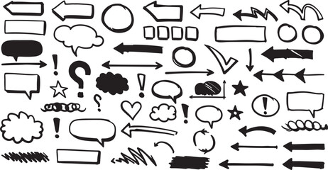 Hand-drawn Symbol Collection: A captivating assemblage of hand-drawn arrows, thought bubbles, and symbols, perfect for visual communication and adding a touch of playful creativity.
