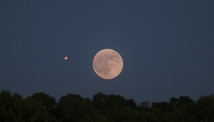 Full Moon and Crescent Moon Rising Over Trees in the Night Sky