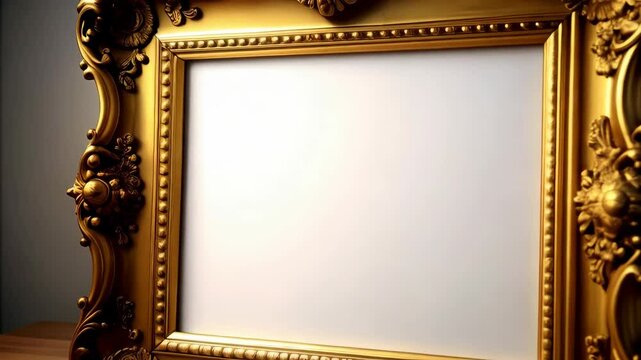 Elegant gold picture frame with intricate baroque detailing, blank white space ready for artwork, photographs or design element.