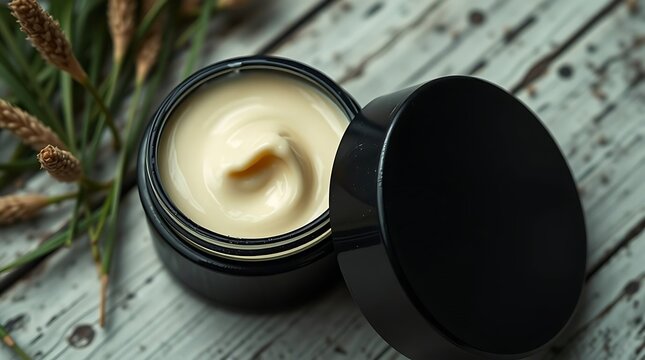 A creamy, paleyellow moisturizer rests in a sleek black jar, nestled amongst delicate, earthytoned grasses on a rustic whitewashed wooden surface