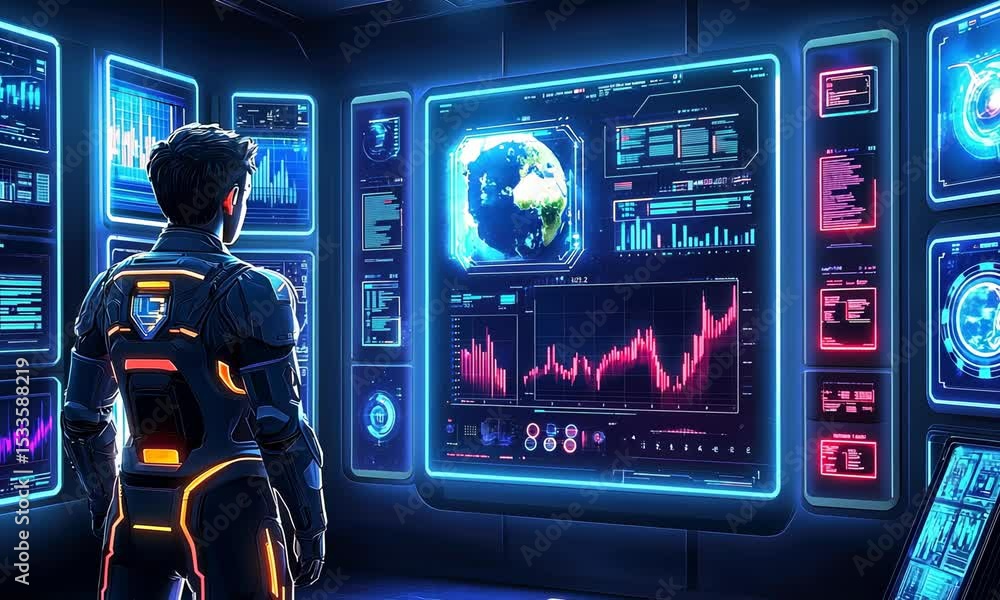 Poster futuristic control room with a person monitoring various data displays