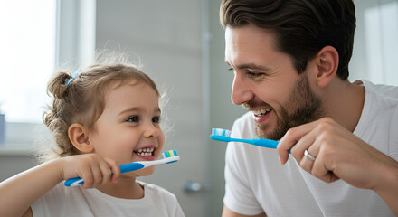 Happy family brushing teeth together
