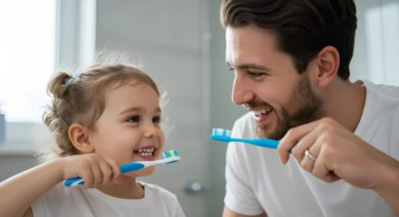Poster Happy family brushing teeth together