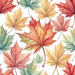 Beautiful watercolor autumn leaves pattern with maple leaves in red, orange, yellow colors. Perfect for fall seasonal design and decoration