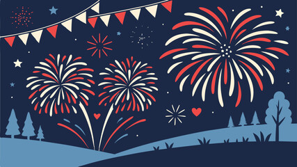 Illustration of fireworks display in the night sky with trees and bunting in patriotic red white and blue