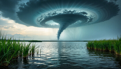 Tornado forming over lake with green grass in background