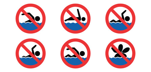 No swimming prohibition signs set illustration