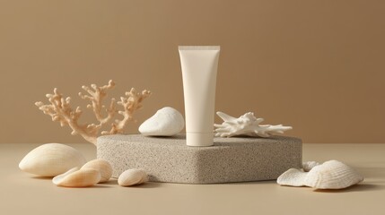 Beige aesthetic cream tube on a hexagonal display