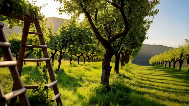 Two wooden ladders stand in a grassy orchard bathed in warm sunlight, adorned with climbing green vines.