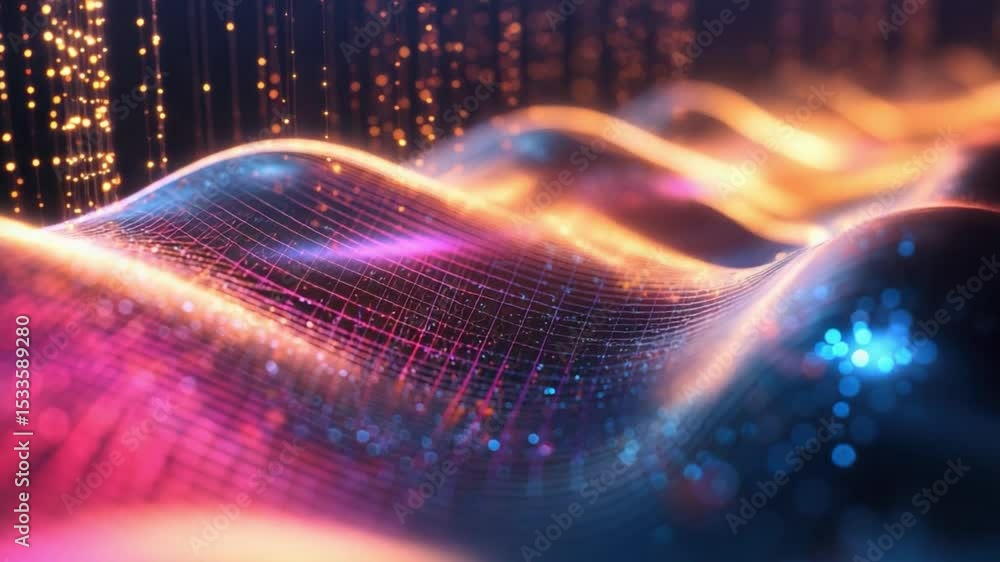 Poster digital symphony: a captivating digital rendering showcasing vibrant waves of data and light, with f