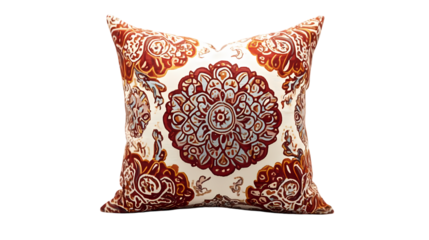 Red and Beige Decorative Pillow with Intricate Floral Pattern isolated on transparent background