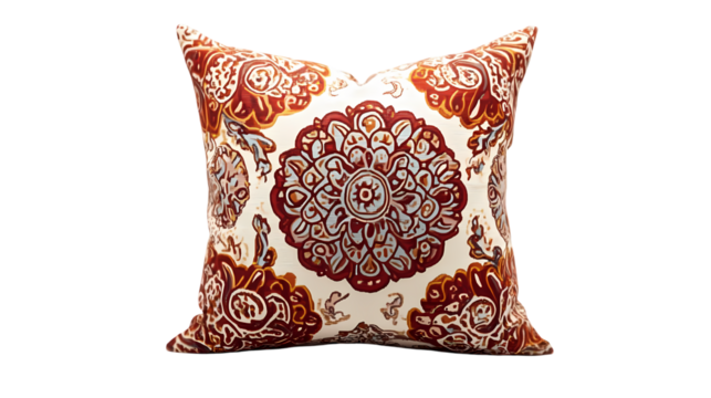 Red and Beige Decorative Pillow with Intricate Floral Pattern isolated on transparent background