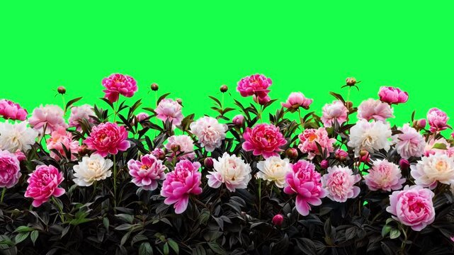 Vibrant peonies animation, transparent 4K video, green screen