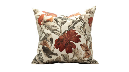 Elegant Floral Pillow Red and Brown Botanical Design on Cream Fabric isolated on transparent background