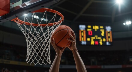 A close-up shot captures a basketball going through the net, with a player's hand touching the ball, symbolizing a successful score.