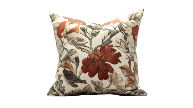 Elegant Floral Pillow Red and Brown Botanical Design on Cream Fabric isolated on transparent background - Powered by Adobe