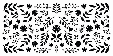 Floral arrangement featuring symmetrical black flowers leaves and branches on a white background design art