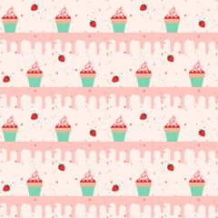 seamless pattern ice cream cup with strawberry