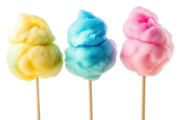 Colorful cotton candy displayed in vibrant hues of yellow, blue, and pink against a clean white background for festive occasions