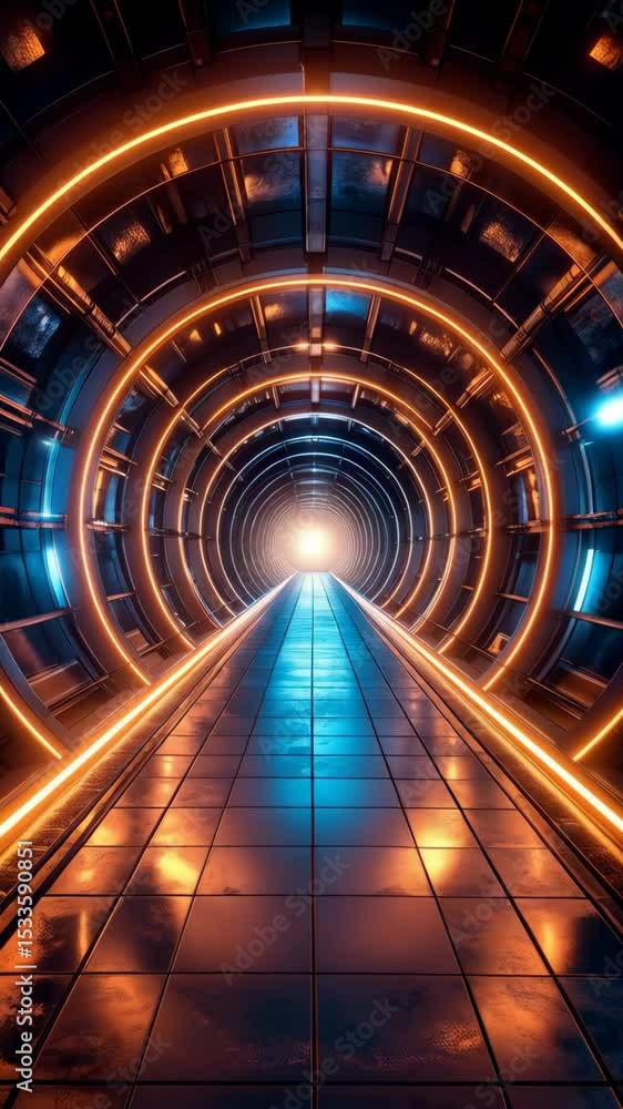 Poster futuristic tunnel with circular light rings and tiled floor illuminated by a bright light at the end