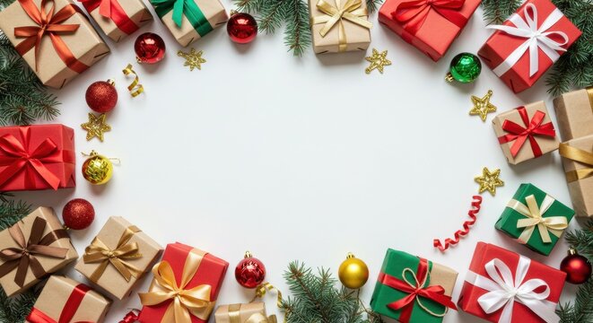 Overhead view of many wrapped Christmas gifts with red, green, and gold ribbons arranged in a circle, creating a festive frame on a white background with copy space.
