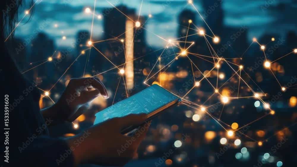 Poster connecting the digital canvas: a user interacts with a tablet, symbolizing seamless global network, 