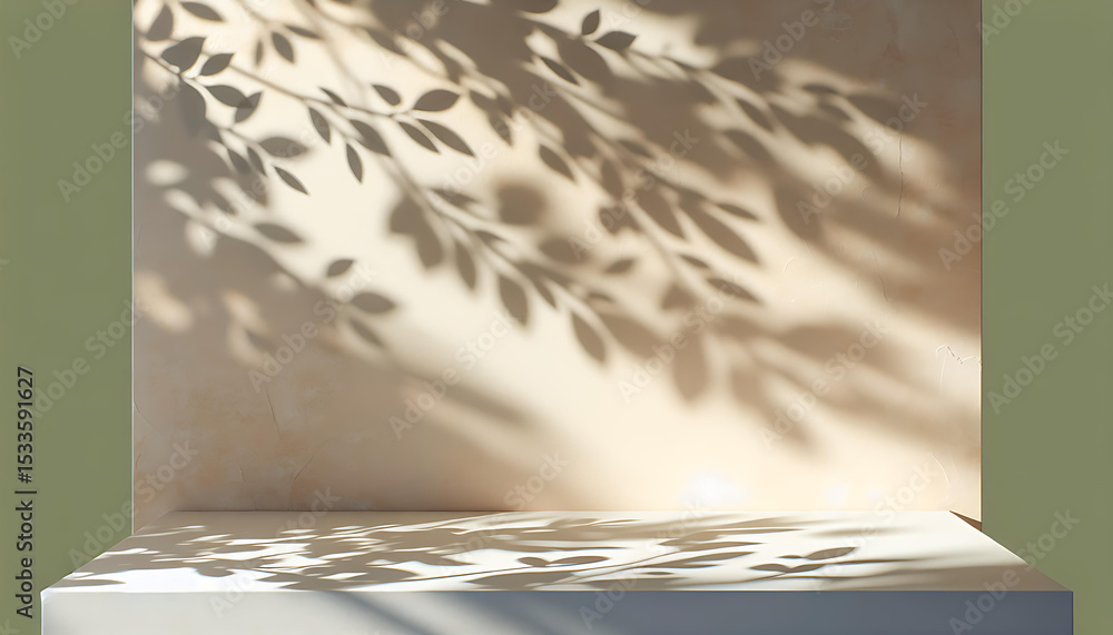 Poster a minimalistic platform with leaf shadows on a beige wall as a simple backdrop