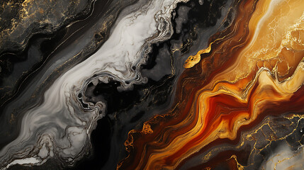 Abstract Fluid Art with Black, White, and Orange Swirls