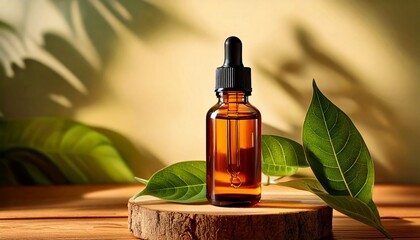 Amber Dropper Bottle on Wooden Stand with Green Leaf and Sunlight