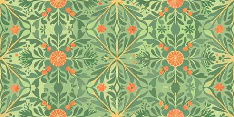 Repeating pattern of orange fruit and green leaves with a light green background in a symmetrical design