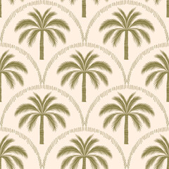 Seamless palm tree pattern featuring tropical botanical elements. This design is perfect for summer.	