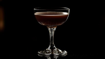 A stylish cocktail in a stemmed glass against a black background