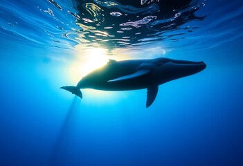 Fototapeta premium Humpback whale silhouette, sunset glow, underwater scene, vibrant colors, wildlife photography, background
