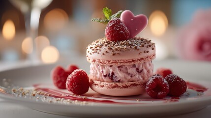 raspberry macaron in dreamy lovey atmosphere with heart shape chocolate top with fresh raspberry	
