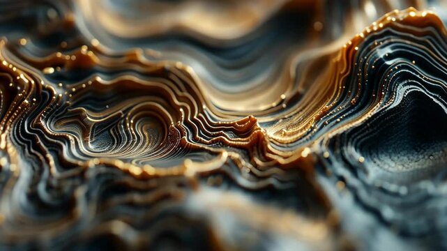 An abstract, flowing pattern with golden, metallic lines and a topographical appearance.