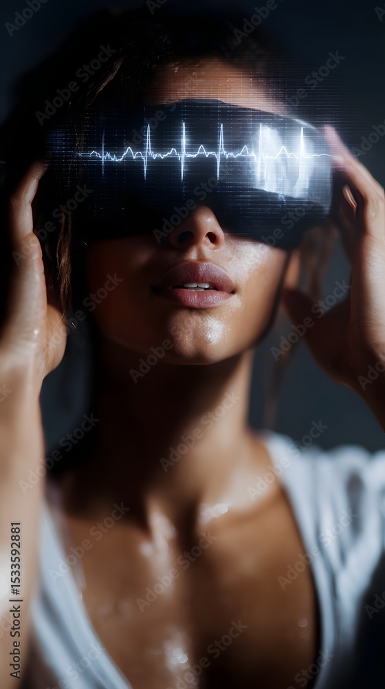 Poster virtual blood pressure monitor displayed on headset with user adjusting data